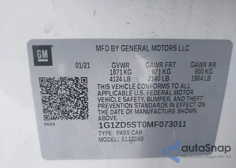 2021 Chevrolet Malibu Fwd Lt z USA, uszkodzony, nr VIN 1G1ZD5ST0MF073011